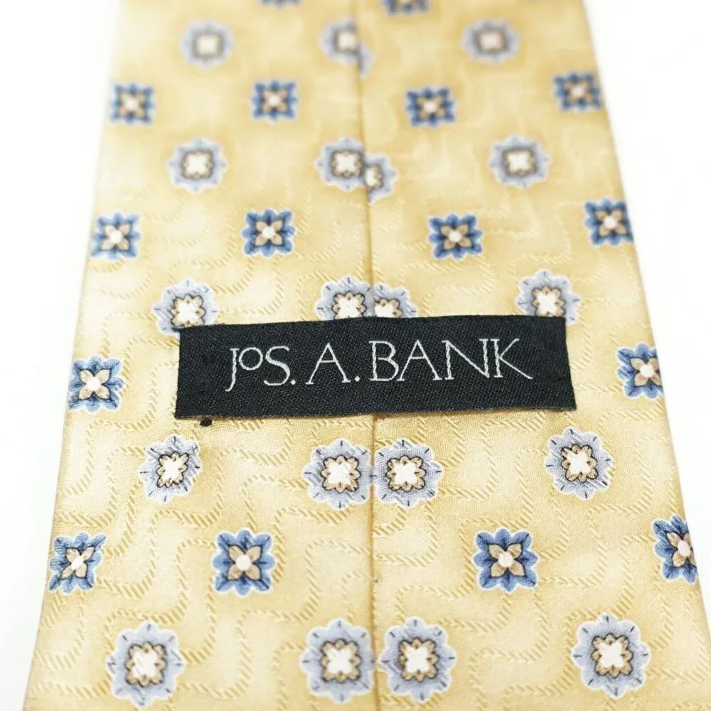 Jos A Bank Yellow Geometric Floral‎ Silk Wide Woven Tie Hand Sewn